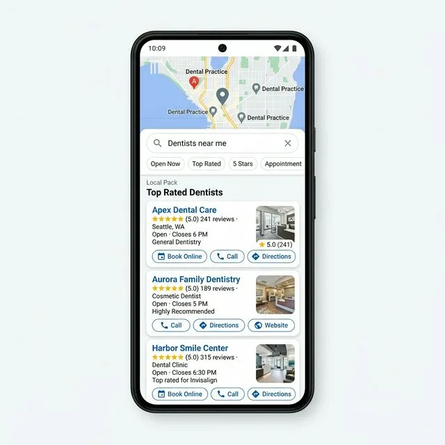Google local map pack showing top dental practices for a 'dentist near me' search