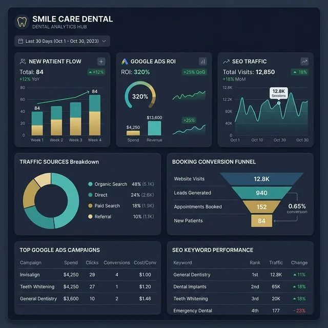 Dental marketing analytics dashboard tracking calls, bookings, and new-patient conversions